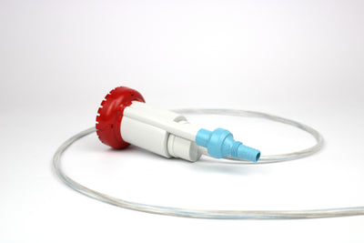 A white, red, and blue Dethleffs motorhome Comet Lux Plus submersible water pump.