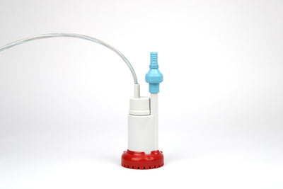 A white, red, and blue Dethleffs motorhome Comet Lux Plus submersible water pump.