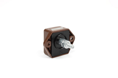 A brown Auto-Trail motorhome locker catch.