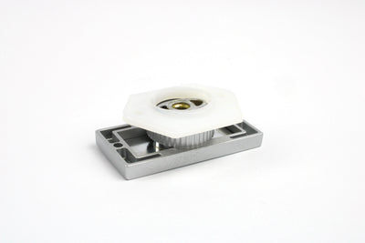A metal Auto-Trail motorhome locker catch on a white background