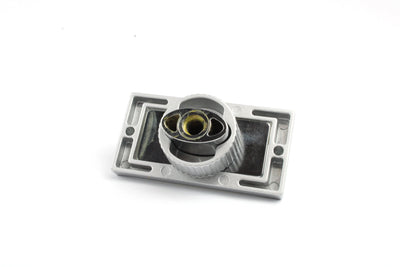 A metal Auto-Trail motorhome locker catch on a white background