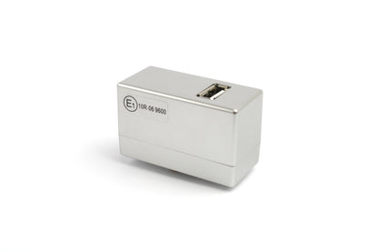 Metallic USB socket on a white background