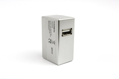 Metallic USB socket on a white background