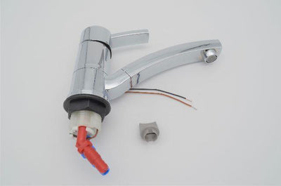 A chrome Dethleffs motorhome mixer tap.