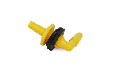 A yellow Dethleffs motorhome tank feed through.