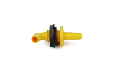 A yellow Dethleffs motorhome tank feed through.