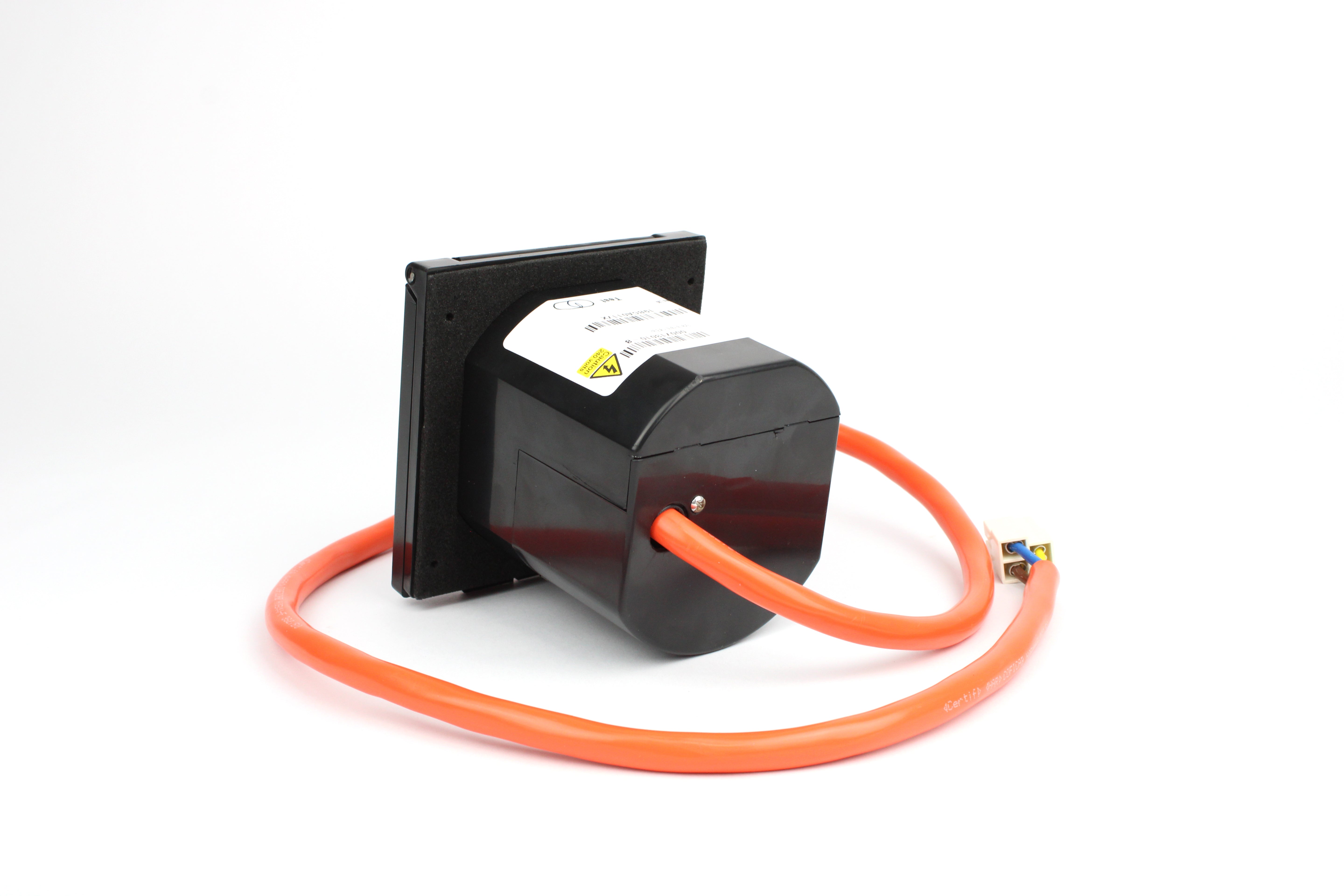 Black mains flush inlet with orange cable on a white background