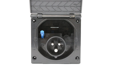 Black mains flush inlet on a white background