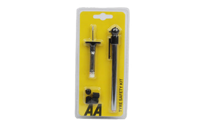 An AA tyre safety kit in plastic packaging including a tyre pressure gauge, a tread depth gauge, and four dust caps.