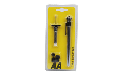 An AA tyre safety kit in plastic packaging including a tyre pressure gauge, a tread depth gauge, and four dust caps.