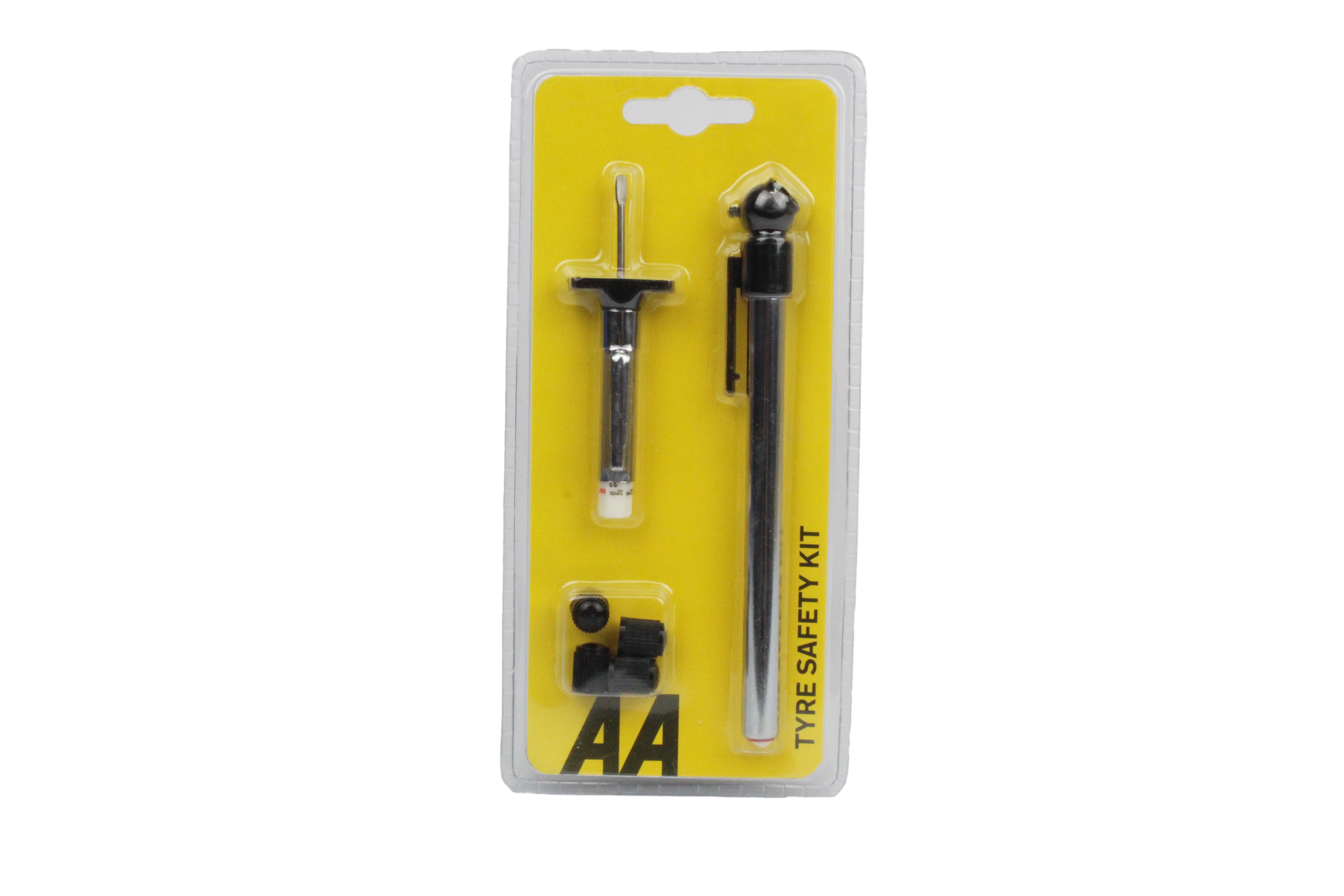 An AA tyre safety kit in plastic packaging including a tyre pressure gauge, a tread depth gauge, and four dust caps.