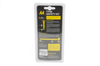 An AA tyre safety kit in plastic packaging including a tyre pressure gauge, a tread depth gauge, and four dust caps.