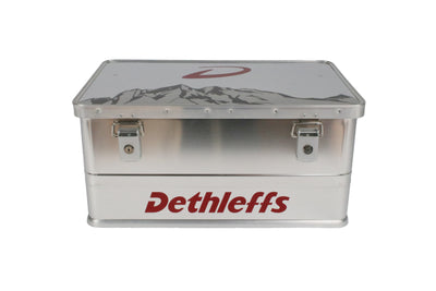 An aluminium Dethleffs motorhome storage box with branded stickers.