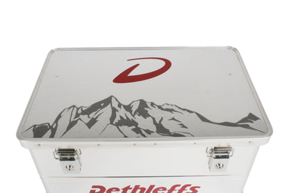 An aluminium Dethleffs motorhome storage box with branded stickers.