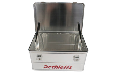 An aluminium Dethleffs motorhome storage box with branded stickers.