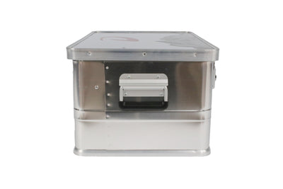 An aluminium Dethleffs motorhome storage box with branded stickers.