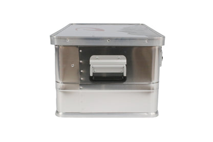 An aluminium Dethleffs motorhome storage box with branded stickers.