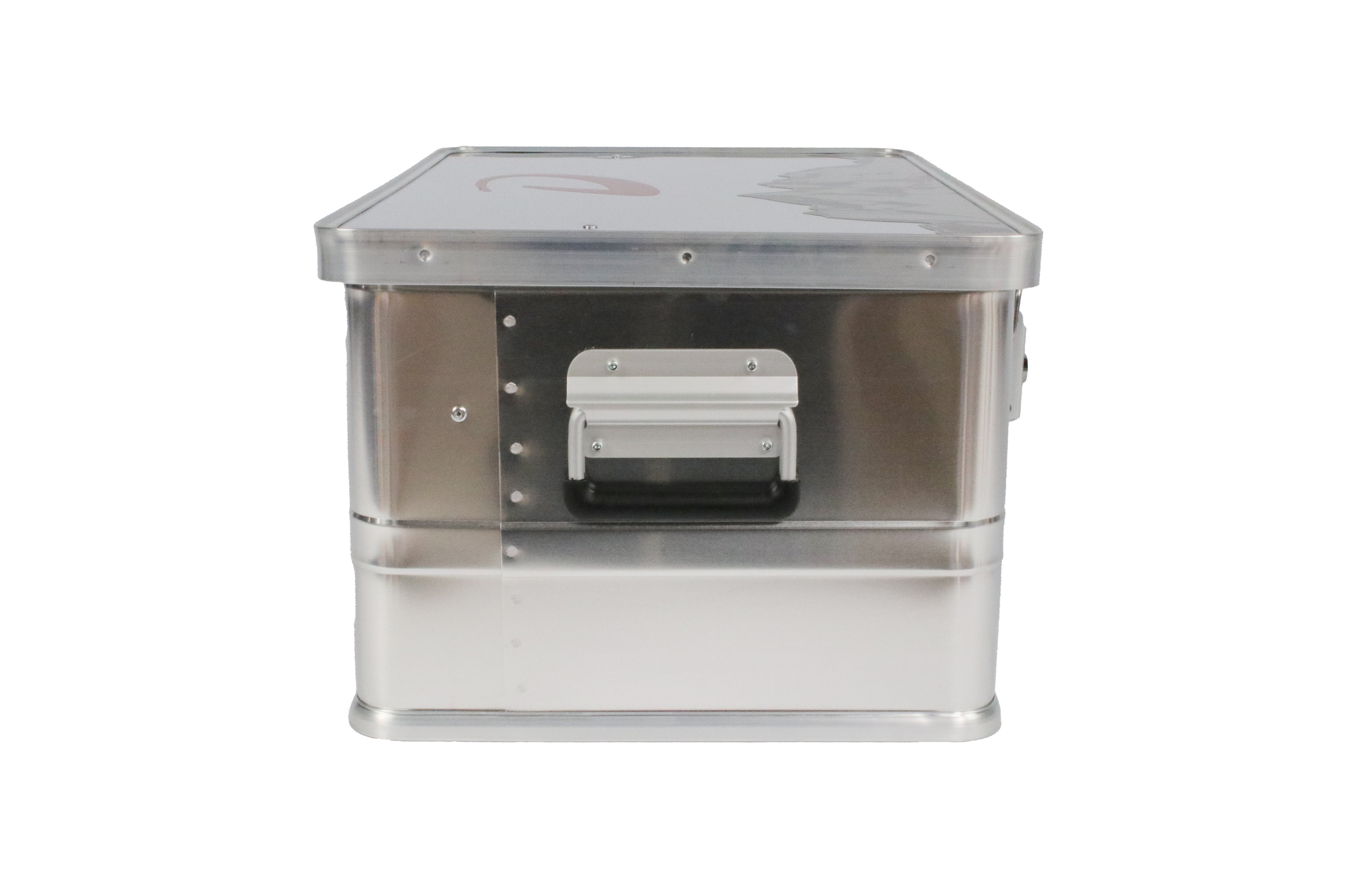 An aluminium Dethleffs motorhome storage box with branded stickers.