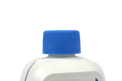 White bottle with a blue cap on a white background