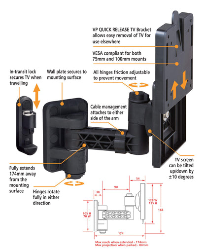 Vision Plus TV Wall Bracket - SINGLE Arm Quick Release