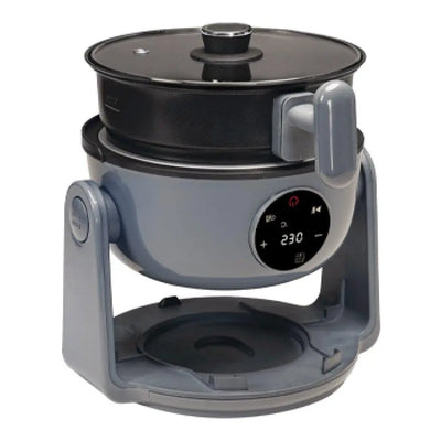 A grey air fryer and hob.