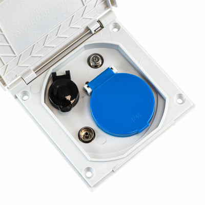 A white Dethleffs motorhome European multimedia socket.