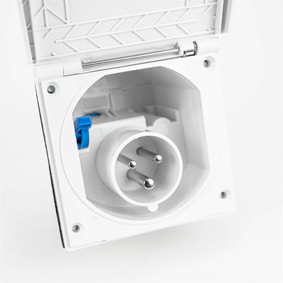 A white Dethleffs motorhome 230V Inlet Socket.