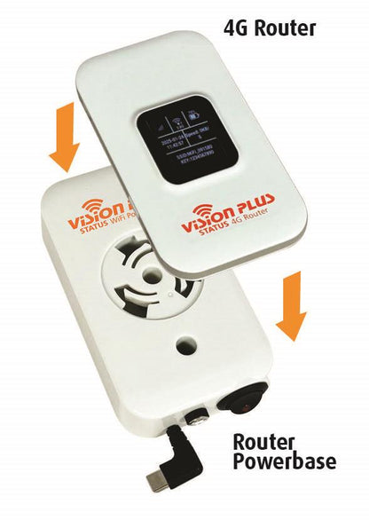 Vision Plus 4G router with powerbase on a white background