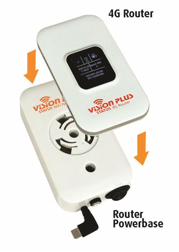 Vision Plus 4G router with powerbase on a white background