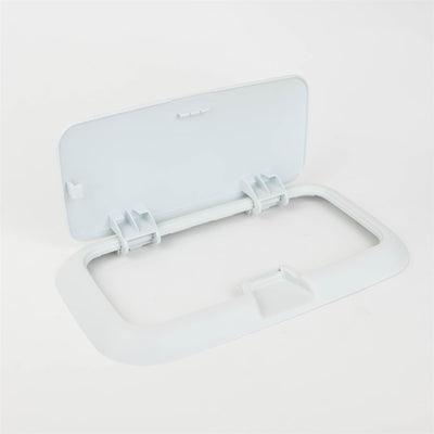 A white Dethleffs motorhome fuel filler access door.