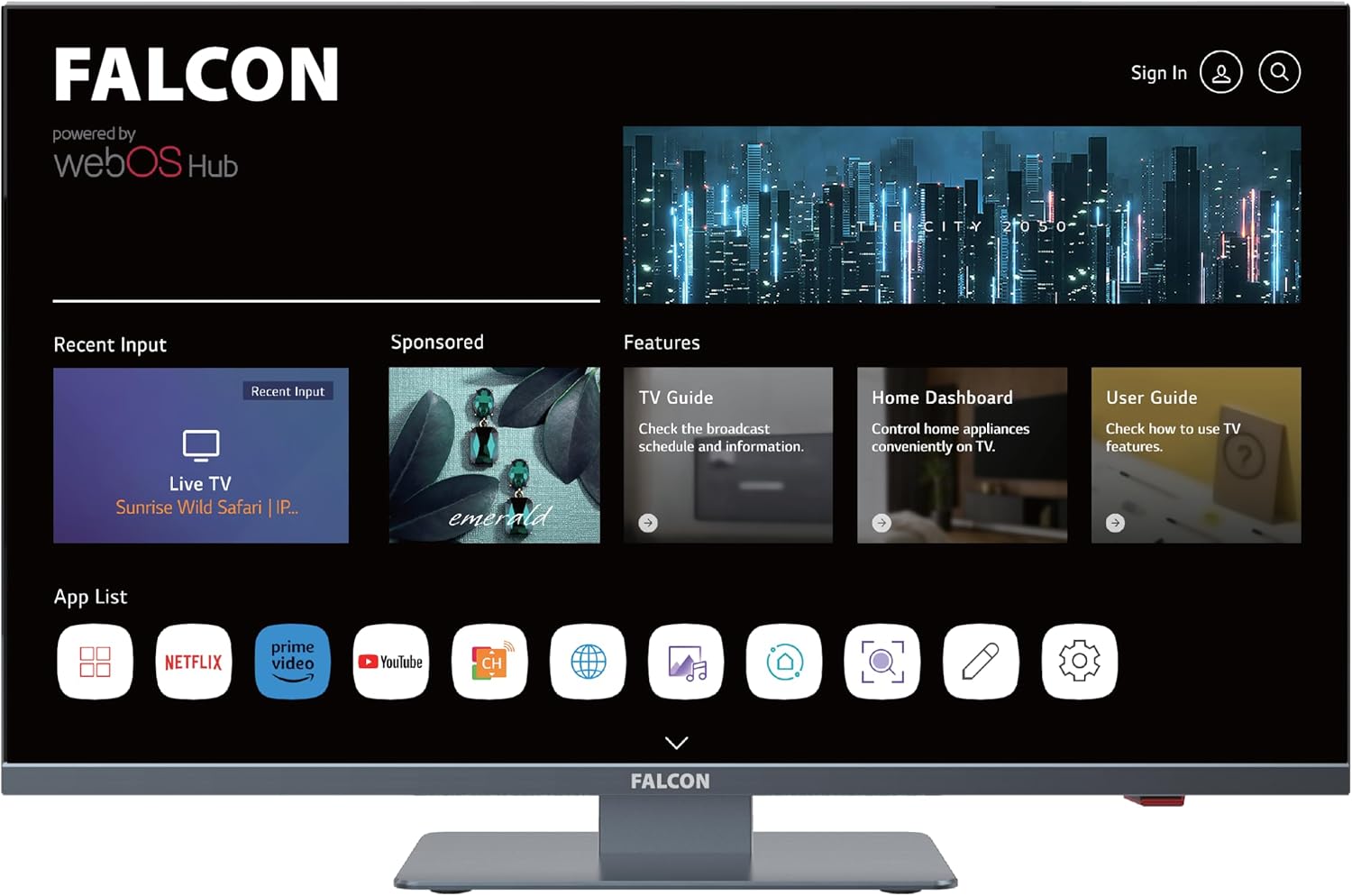 Falcon 22" Slim Bezel WebOS Multi-Voltage Smart TV HD Satellite & Cable Tuner WIFI Lan