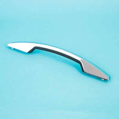 A silver angus curved-shaped cupboard door handle.